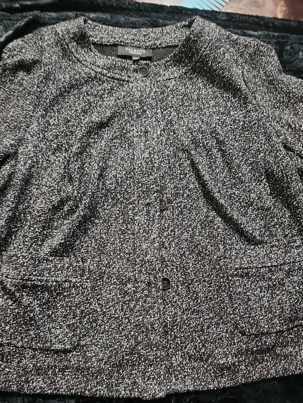 Talbots Black and Silver Metallic Button-Front Knit Top